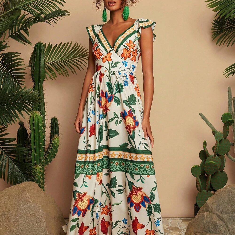 Green Boho Tropical Print V-Neck Cap Sleeve Backless Women's Dress - Picture 7 of 7